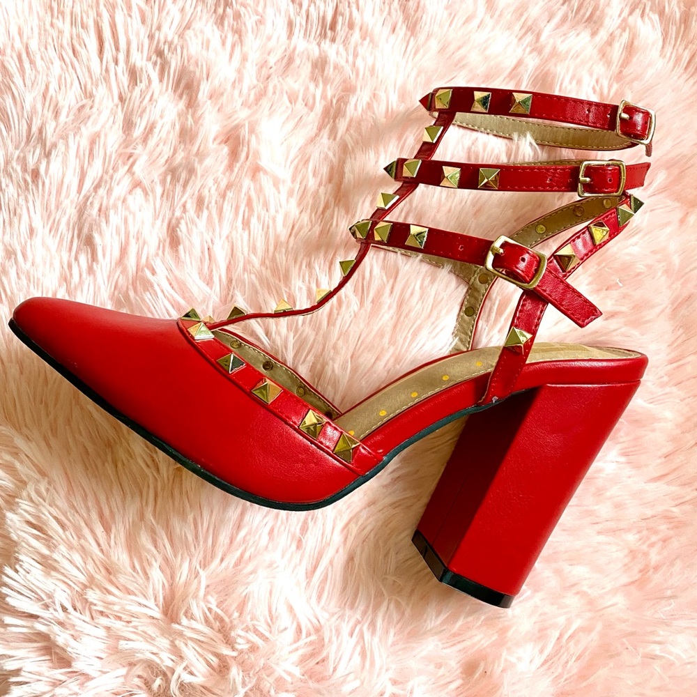 NEW FAHRENHEIT STRAPPY STUDDED PUMPS,RED 8-8.5